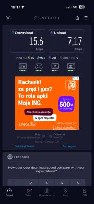 Zrzut ekranu z aplikacji Speedtest: 15,6 Mb/s pobieranie i 7,17 Mb/s wysyłanie przy 5G.