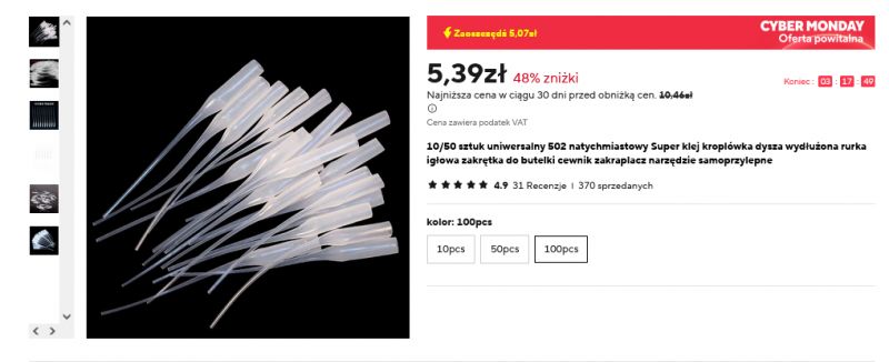 Zestaw plastikowych rurek do precyzyjnego aplikowania kleju cyjanoakrylowego