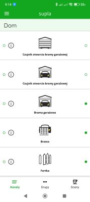 Ekran aplikacji Supla pokazujący statusy czujników i bram w domu