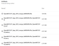 Screenshot of an “Artifacts” list showing OpenBK7231T file names and sizes in MB.
