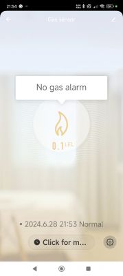 Gas sensor app screen showing No gas alarm and a reading of 0.1 LEL.