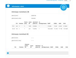 Zrzut panelu „Informacje o sieci” z tabelą parametrów komórek LTE i pustą sekcją 5G