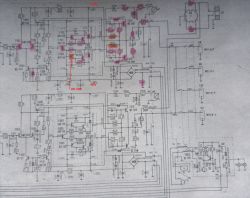 Schemat wzmacniacza Altus V-600 z zaznaczonymi elementami.
