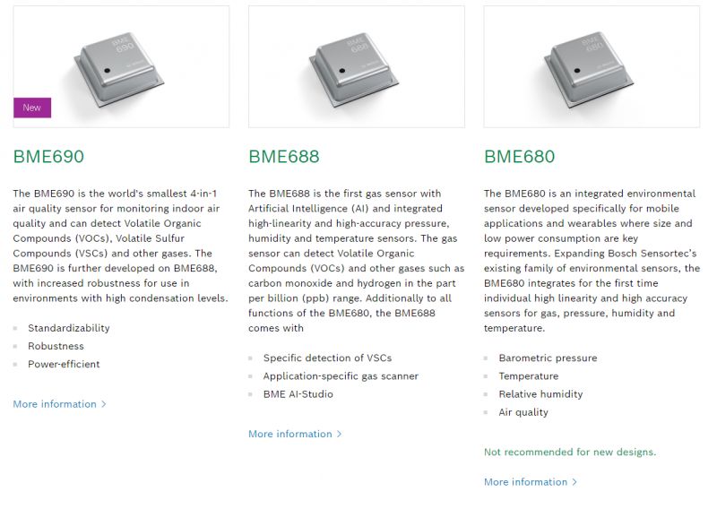Image of three Bosch air sensors: BME690, BME688, and BME680, with descriptions of their functions and applications.