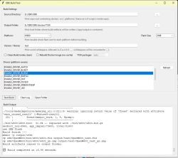 Screenshot of OBK Build Tool showing build settings, driver list, and a completed build log