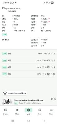 Zrzut ekranu pomiaru sygnału sieci Play z aplikacji Network Cell Info.
