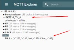 Screenshot of MQTT Explorer showing topic list and a JSON message for “TH-4”