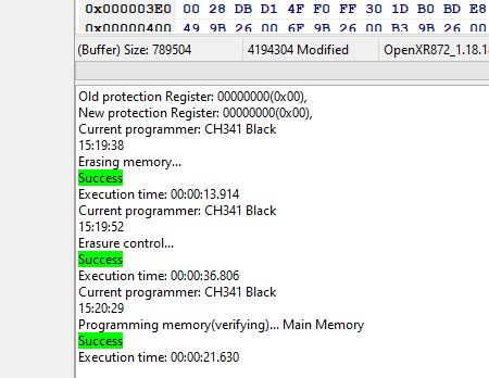 Software window showing successful memory programming steps using CH341 Black.