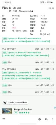 Zrzut ekranu z aplikacji mierzącej parametry sieci komórkowej.