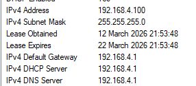 Screenshot of Windows network details: IPv4 192.168.4.100, subnet mask 255.255.255.0, gateway 192.168.4.1