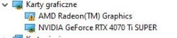 Zrzut ekranu z Menedżera urządzeń pokazujący problem z kartą graficzną AMD Radeon.