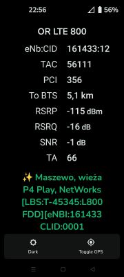 Zrzut ekranu z aplikacji HManager pokazujący parametry połączenia LTE 800 z wieży Maszewo, P4 Play, NetWorks.