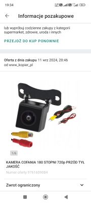 Informacje na temat zakupu kamery cofania 180 stopni 720p, wraz z okablowaniem.