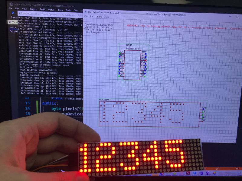 LED display showing the digits 12345 in front of schematic and debug console