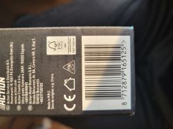Barcode, FSC logo, and CE markings on a black-grey product packaging