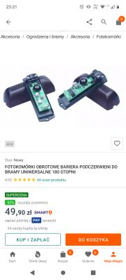 Dwie fotokomórki obrotowe na białym tle, pokazane z odsłoniętą elektroniką. Produkt opisano jako bariera podczerwieni do bram.