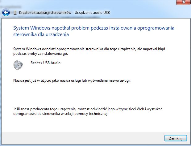 Komunikat błędu systemu Windows podczas instalacji sterownika Realtek USB Audio.
