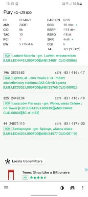 Zrzut ekranu aplikacji pokazujący parametry sygnału sieci 4G dla operatora Play na paśmie LTE 800.