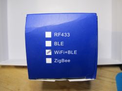 Box with Connectivity Technology List Blue box with a list of connectivity technologies: RF433, BLE, WiFi+BLE (checked), and ZigBee.
