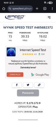 Wynik testu prędkości internetu z sieci Play: pobieranie 39,33 Mb/s, wysyłanie 19,02 Mb/s
