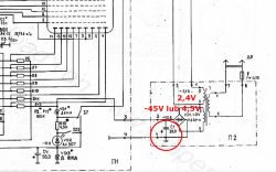 Fragment rosyjskiego schematu elektronicznego z zaznaczonym napięciem -45V i kondensatorem