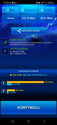 Wyniki testu prędkości internetu T-Mobile: ping 18 ms, pobieranie 210,75 Mb/s, wysyłanie 46,51 Mb/s.