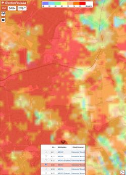 Mapa RadioPolska z kolorową prognozą natężenia sygnału DVB‑T wokół Olkusza