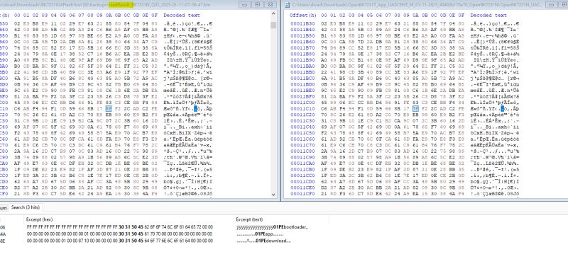 Comparison of two binary files in a hex editor with highlighted differences