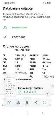 Zrzut ekranu z aplikacji pokazujący parametry sieci 4G Orange LTE 2600 i 5G NSA 3600