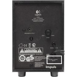 Tylny panel głośnika Logitech LS21 z portami i informacjami o zasilaniu.