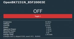 Screenshot of OpenBK7231N interface with electrical parameter readings.