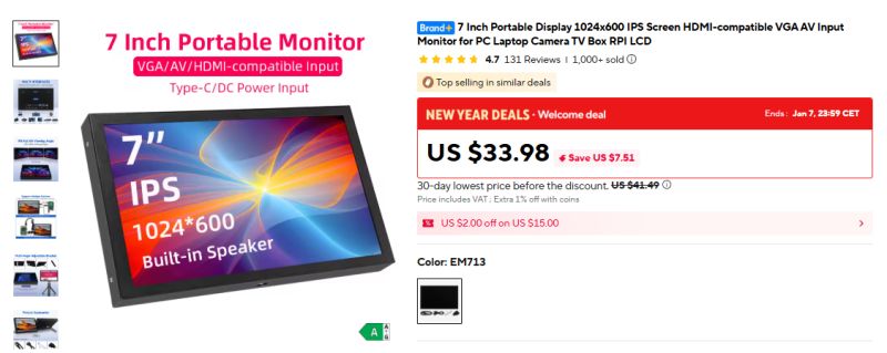 7 IPS portable monitor with 1024x600 resolution, VGA, AV, HDMI inputs, and speaker