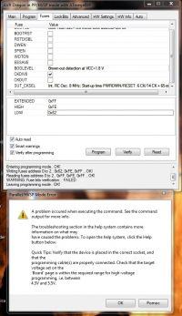 AVR Dragon tryb PP/HVSP - odczyt Fuses działa, zapis nie działa, komunikat błędu