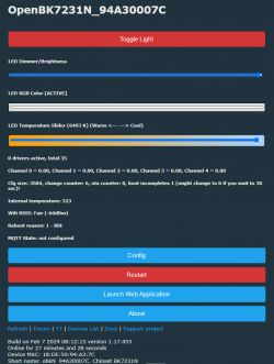 Screenshot of the OpenBK7231N user interface with various LED lighting control options.