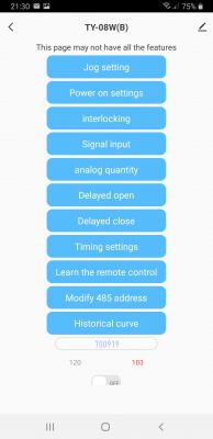 Screenshot from the SmartLife-App displaying various functions for the TY-08W(B) device.