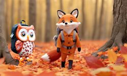 Fox and Owl with Backpacks in an Autumn Forest Fox with a backpack in an autumn forest with an owl