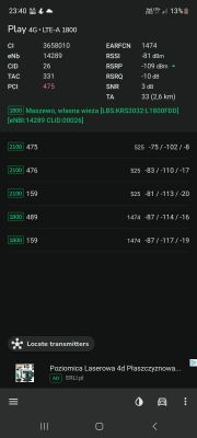 Zrzut ekranu z wynikami testów prędkości sieci komórkowej Play 4G LTE-A 1800.