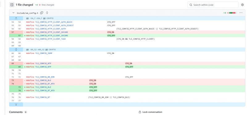 Screenshot of changes in the configuration file from source code.