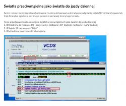 Zrzut ekranu oprogramowania VCDS z instrukcją zmiany ustawień świateł.
