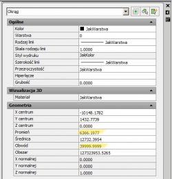 Zrzut ekranu właściwości obiektu okręgu w AutoCAD