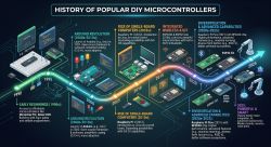 Infografika z osią czasu historii popularnych mikrokontrolerów DIY (1990–2025) z ikonami płytek i opisami.