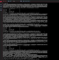 Screenshot of a serial monitor showing ESP logs, garbled characters, and network info values