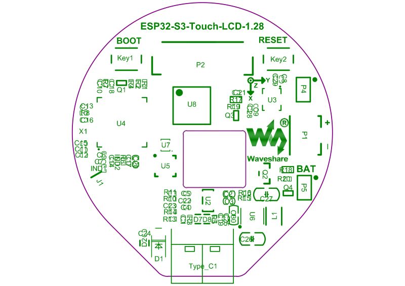 Schemat płytki ESP32-S3-Touch-LCD-1.28 z oznaczeniami komponentów i złączy.