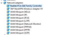 Lista kart sieciowych z zaznaczoną Realtek PCIe GbE Family Controller