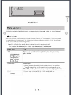 Strona instrukcji obsługi z opisem menu ustawień urządzenia audio, zawierająca schemat przycisku RESETUJ i tabelę z opcjami menu.