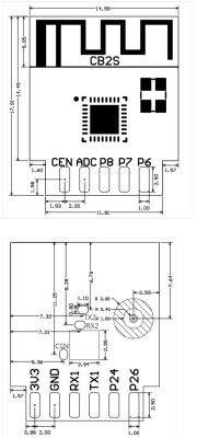 BLE CB2S module schematic with pin labels and physical dimensions