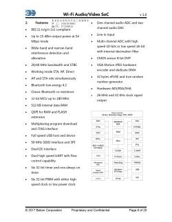 BK7252 Wi-Fi Audio/Video SoC Features and Block Diagram A documentation page for Beken BK7252 SoC showing key Wi-Fi Audio/Video features and a functional block diagram.