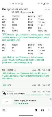 Zrzut ekranu z aplikacji NetMonster pokazujący szczegółowe dane techniczne sieci LTE 4G Orange (800 i 1800 MHz), w tym siłę sygnału, stacje bazowe i identyfikatory dla okolic Halickie i Kudrycze.