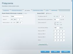 Panel ustawień routera z informacjami o DHCP, adresie IP i masce podsieci
