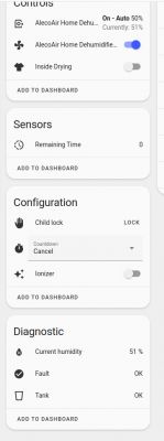 Control panel for AlecoAir D16 dehumidifier in the Tuya Local application.